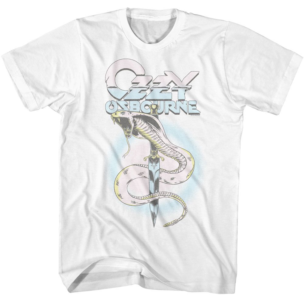 White Ozzy Osbourne t-shirt featuring an Ozzy Pastel Snake design