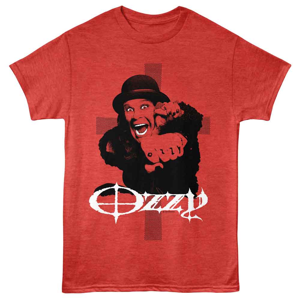 Red Heather Ozzy Osbourne t-shirt featuring an Ozzy Tattoo Fist design