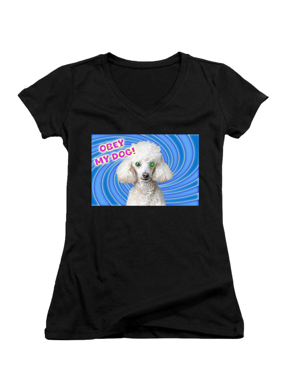 Black Obey My Dog! Juniors V-Neck T-Shirt