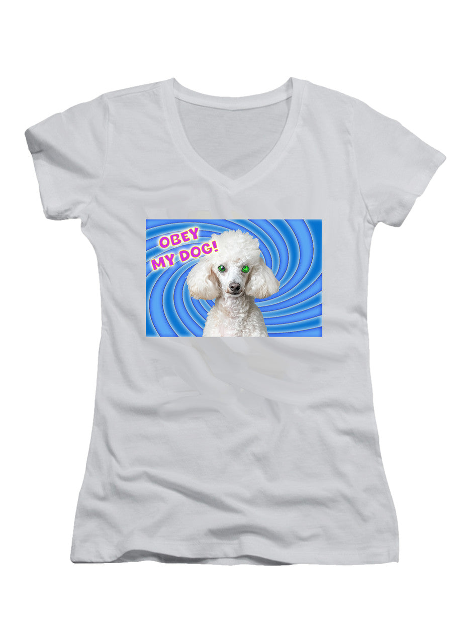 White Obey My Dog! Juniors V-Neck T-Shirt