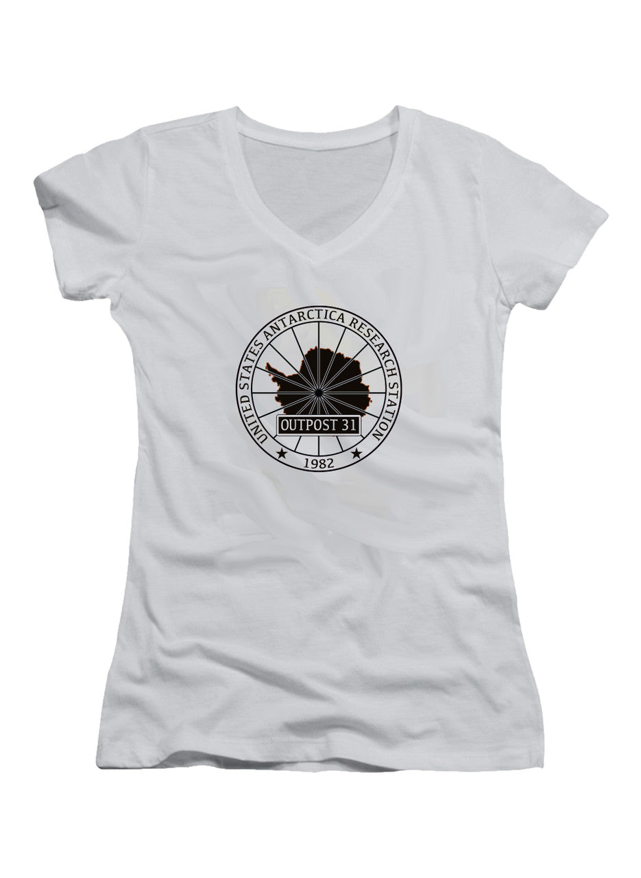 White Outpost 31 Badge Juniors V-Neck T-Shirt