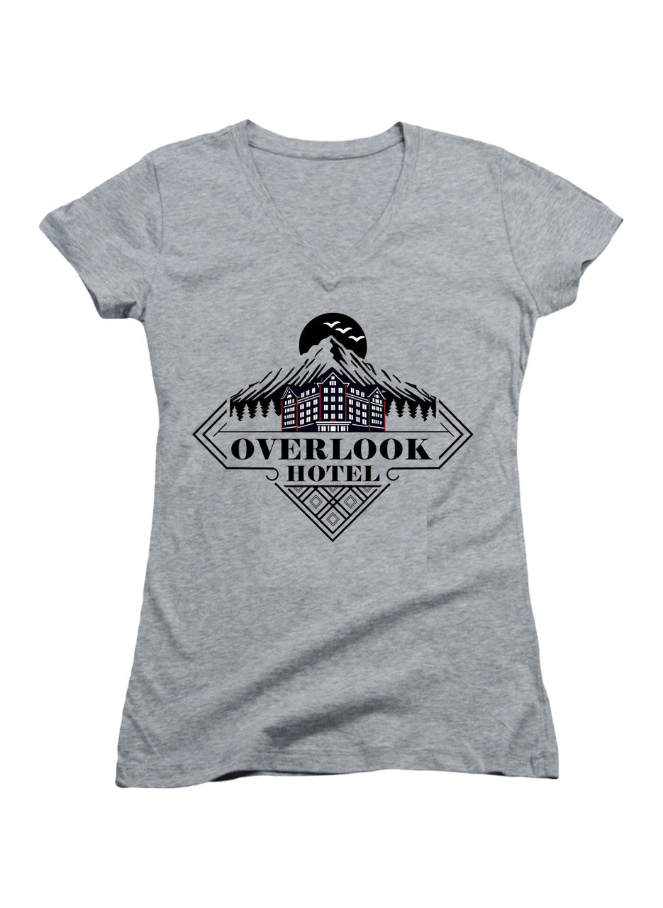 Gray Overlook Hotel Juniors V-Neck T-Shirt