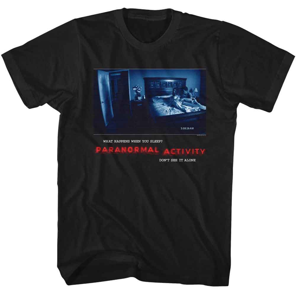 Black Paranormal Activity t-shirt featuring a Paranormal Activity poster design