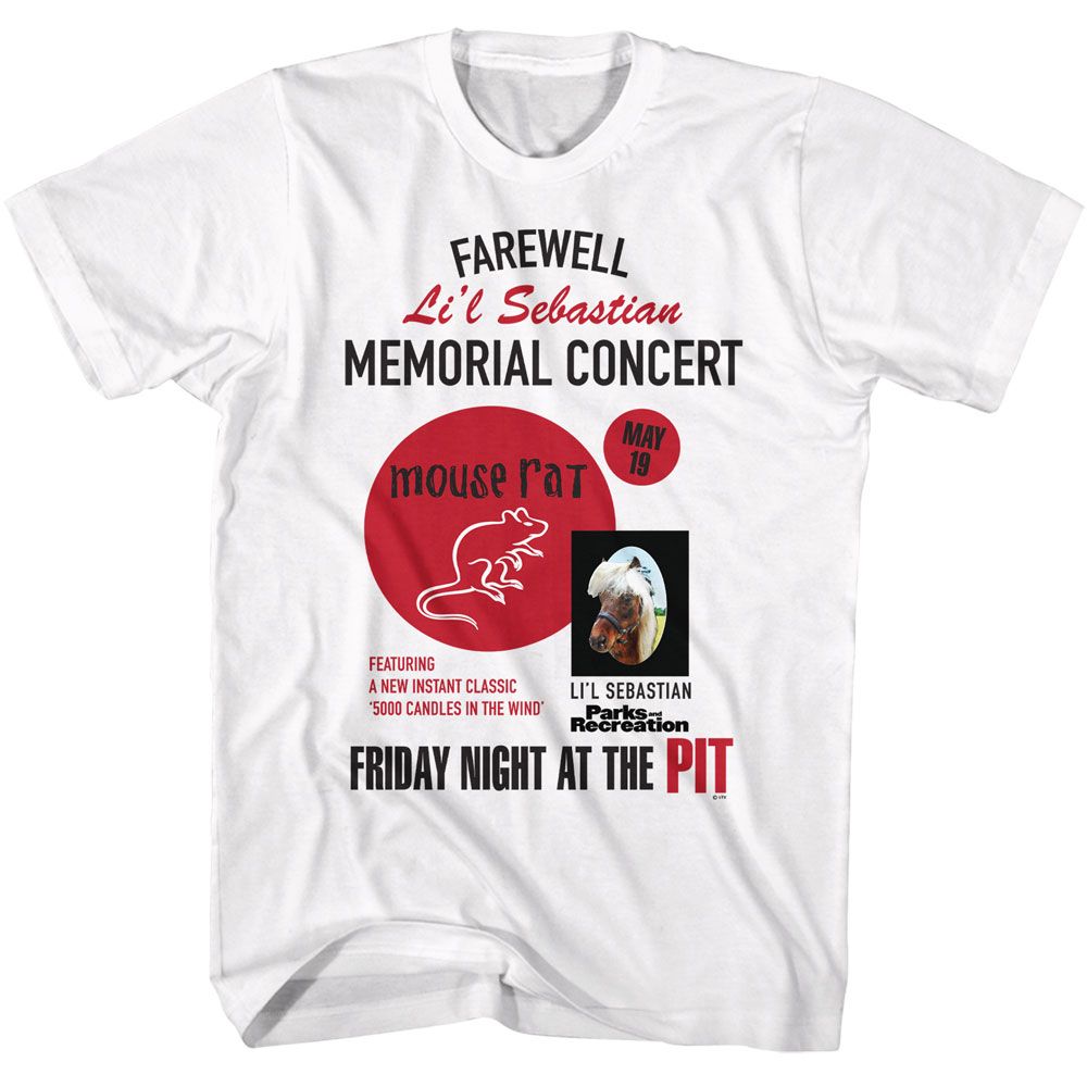 White Parks and Recreation t-shirt featuring a Li'l Sebastian flyer design