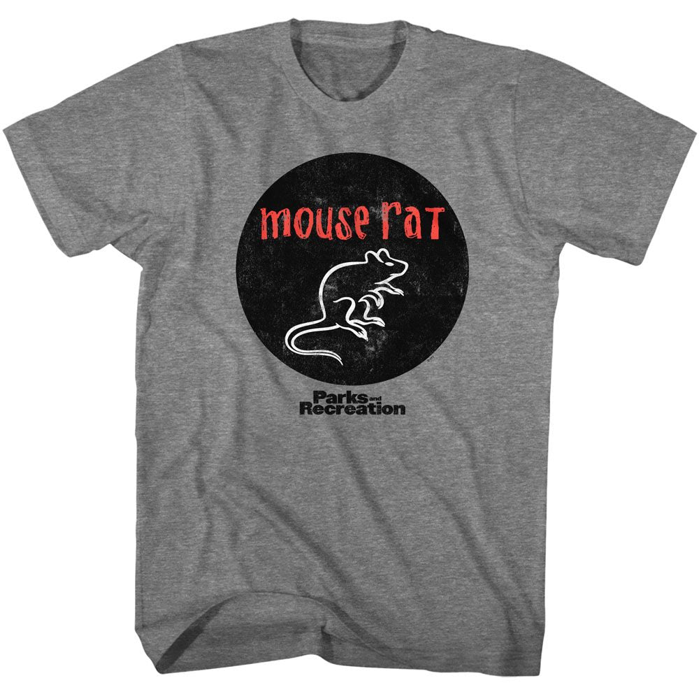 Graphite Heather Parks and Recreation t-shirt featuring a Mouse Rat circle logo design