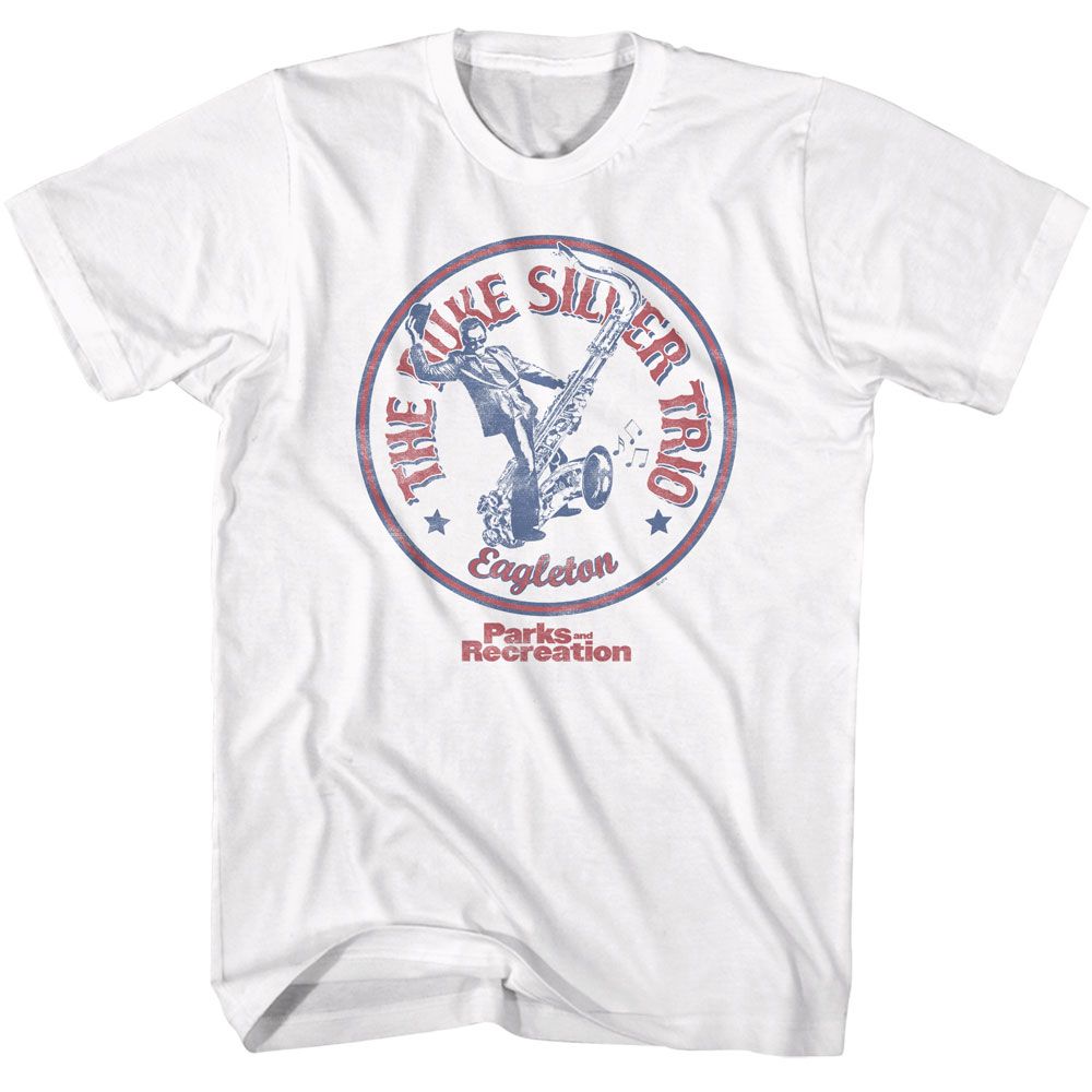 White Parks and Recreation t-shirt featuring a Duke Silver Trio design