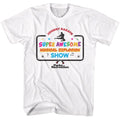 White Parks and Recreation t-shirt featuring a Johnny Karate Show logo design