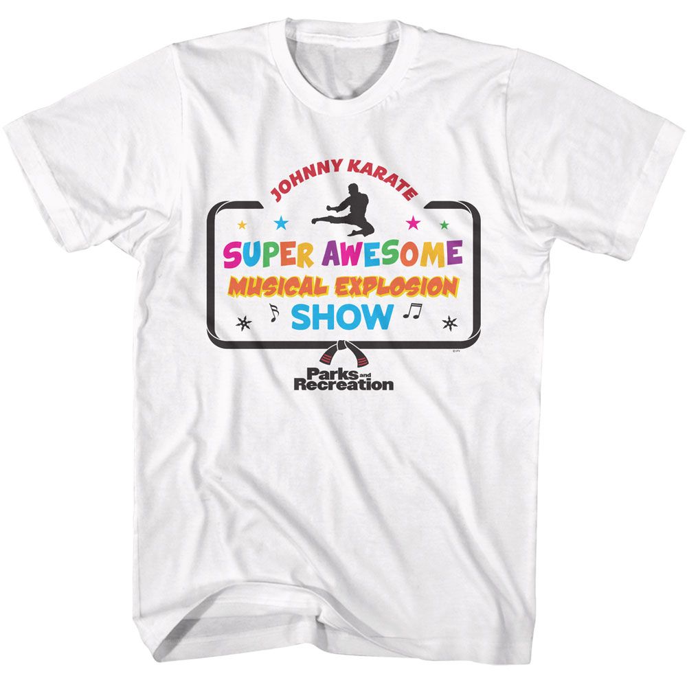 White Parks and Recreation t-shirt featuring a Johnny Karate Show logo design
