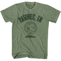 Military Green Heather Parks and Recreation t-shirt featuring a Pawnee IN design