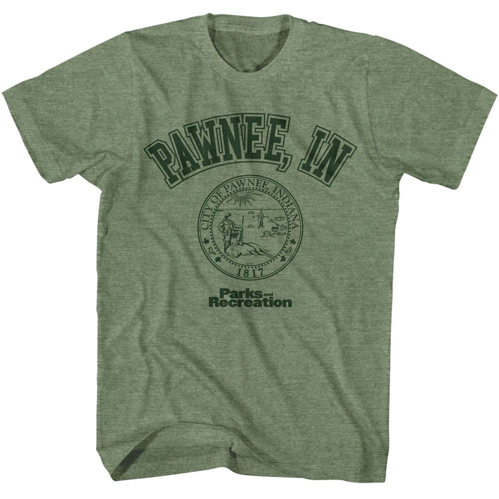 Military Green Heather Parks and Recreation t-shirt featuring a Pawnee IN design