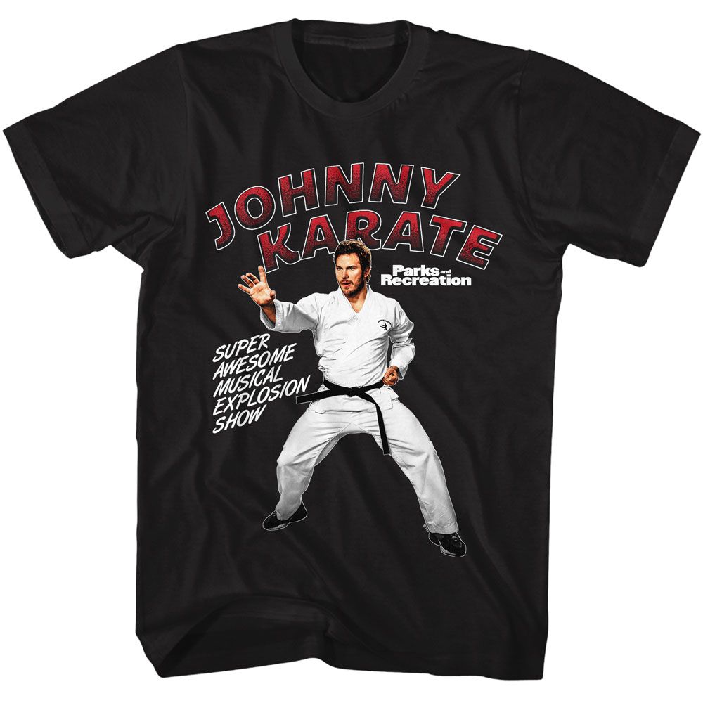 Black Parks and Recreation t-shirt featuring a Johnny Karate design