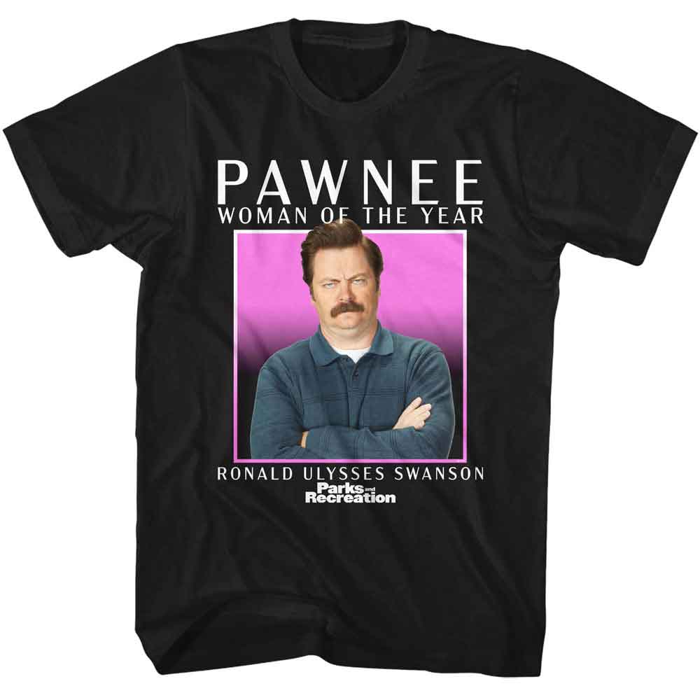 Black Parks and Recreation t-shirt featuring a Pawnee WOTY design