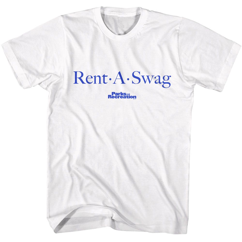 White Parks and Recreation t-shirt featuring a Rent-A-Swag design