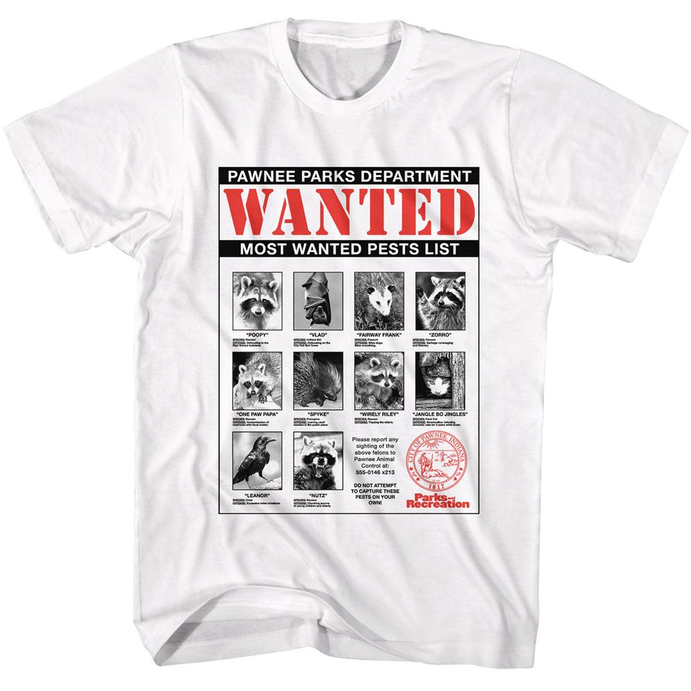 White Parks and Recreation t-shirt featuring a Wanted design
