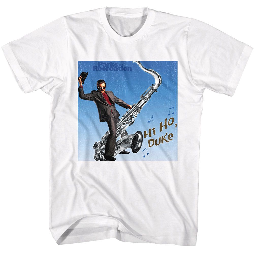 White Parks and Recreation t-shirt featuring a Hi Ho Duke design