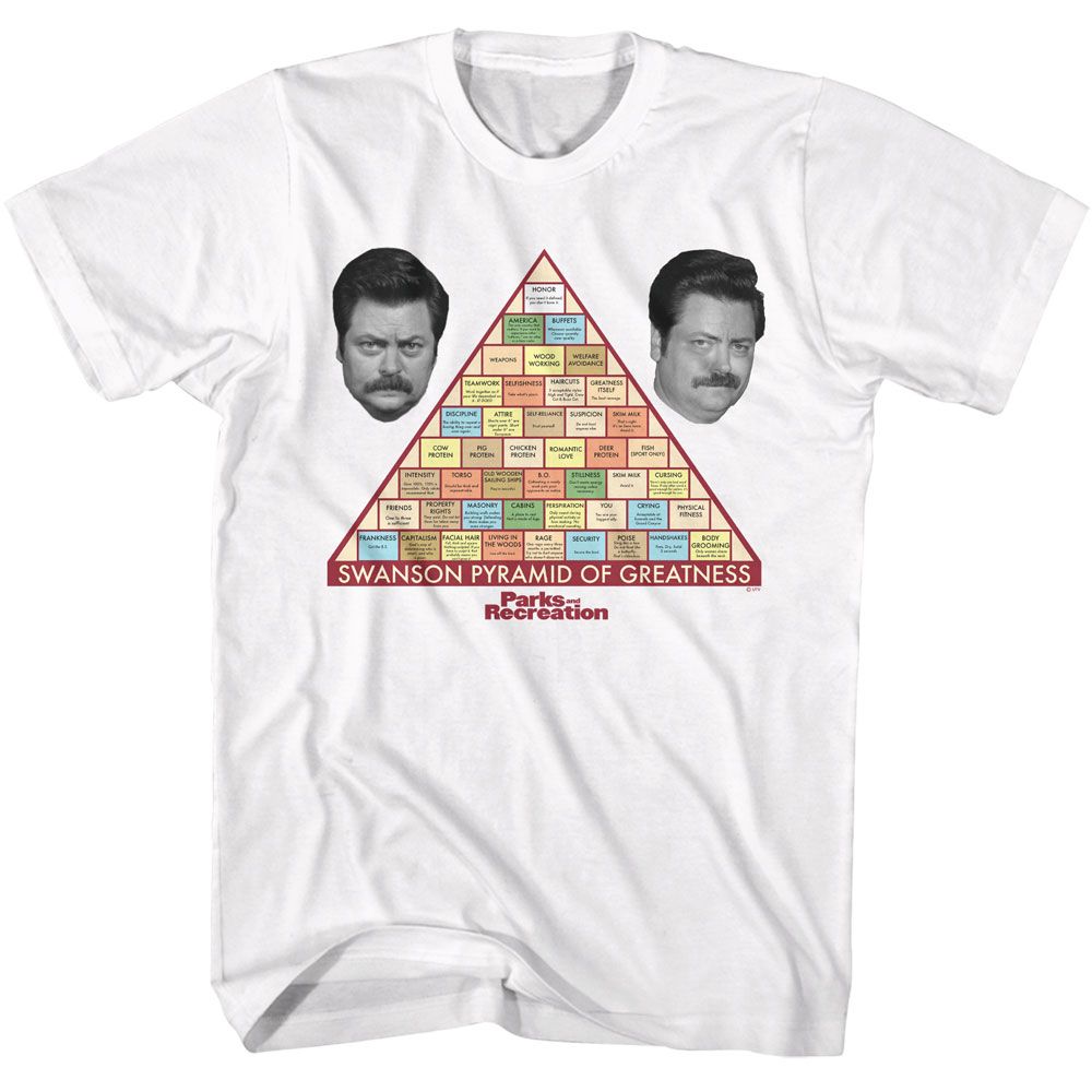 White Parks and Recreation t-shirt featuring a Swanson Pyramid design