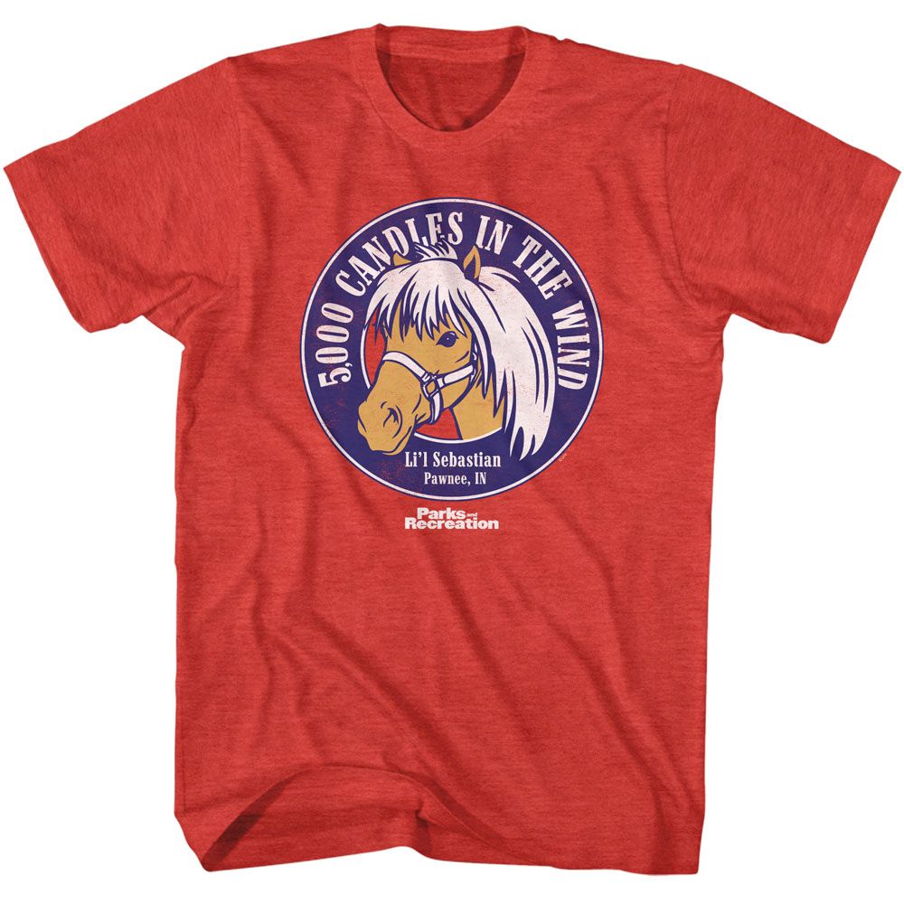 Red Heather Parks and Recreation t-shirt featuring a 500 Candles Li'l Sebastian design