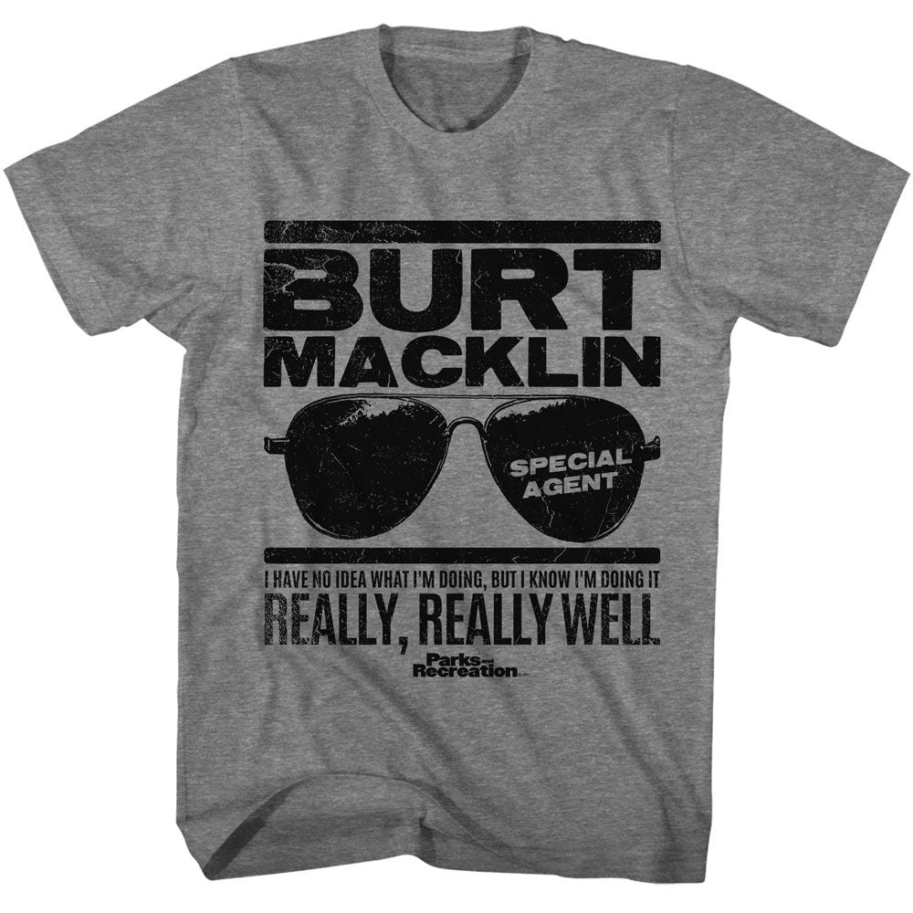 Graphite Heather Parks and Recreation t-shirt featuring a Burt Macklin design