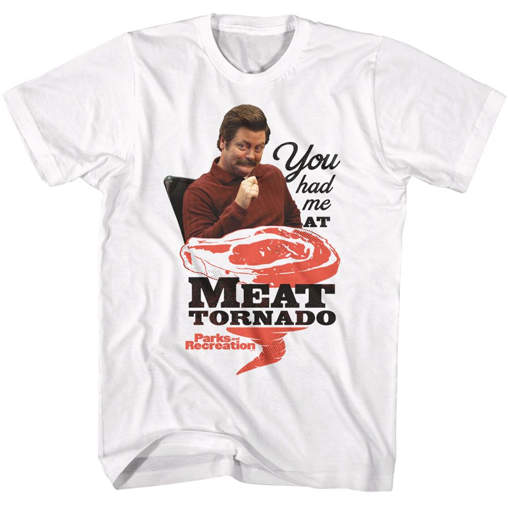 White Parks and Recreation t-shirt featuring a Meat Tornado design