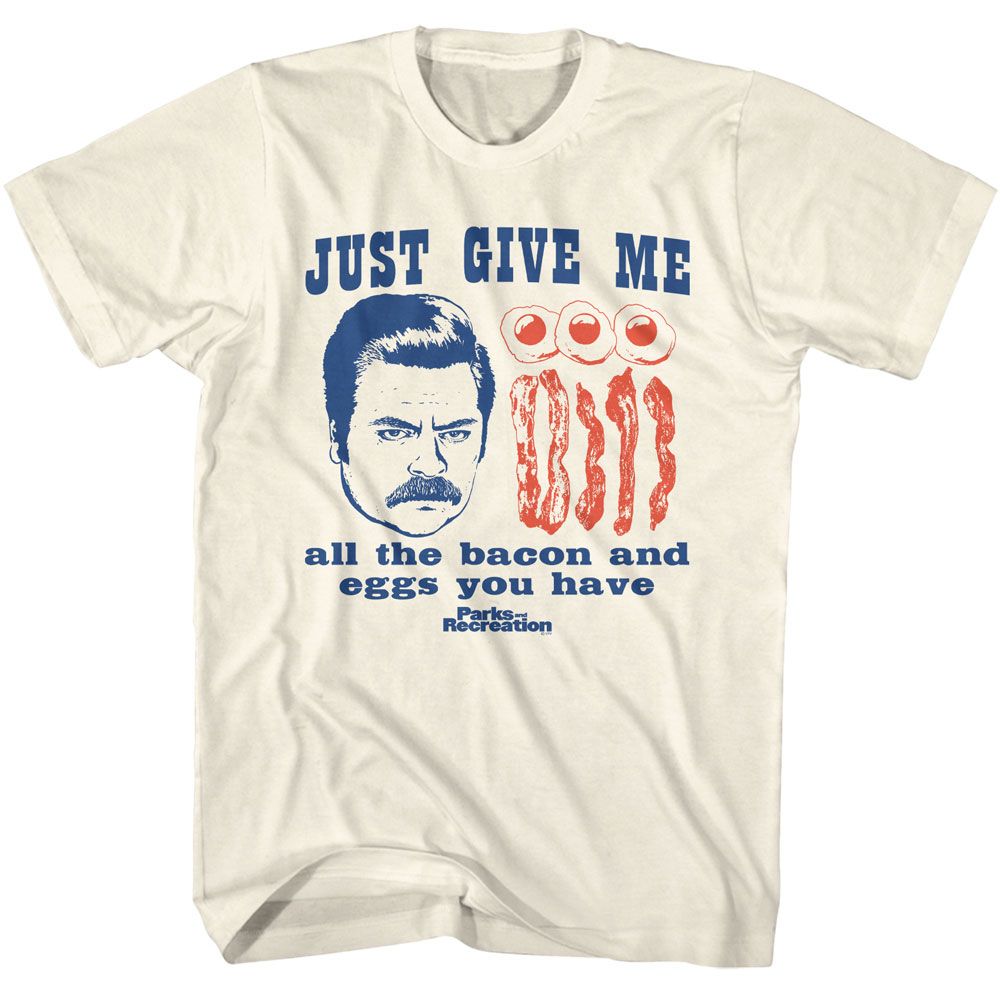 Natural Parks and Recreation t-shirt featuring an All the Bacon and Eggs design
