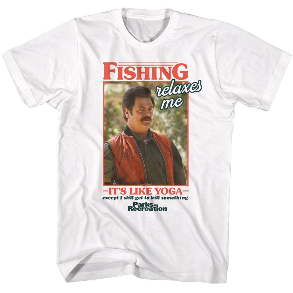 White Parks and Recreation t-shirt featuring an It's Like Yoga design