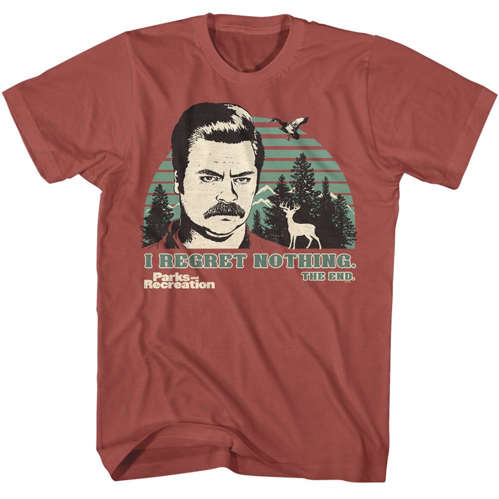 Terracotta Parks and Recreation t-shirt featuring an I Regret Nothing design
