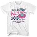 White Parks and Recreation t-shirt featuring a Friends Waffles Work design