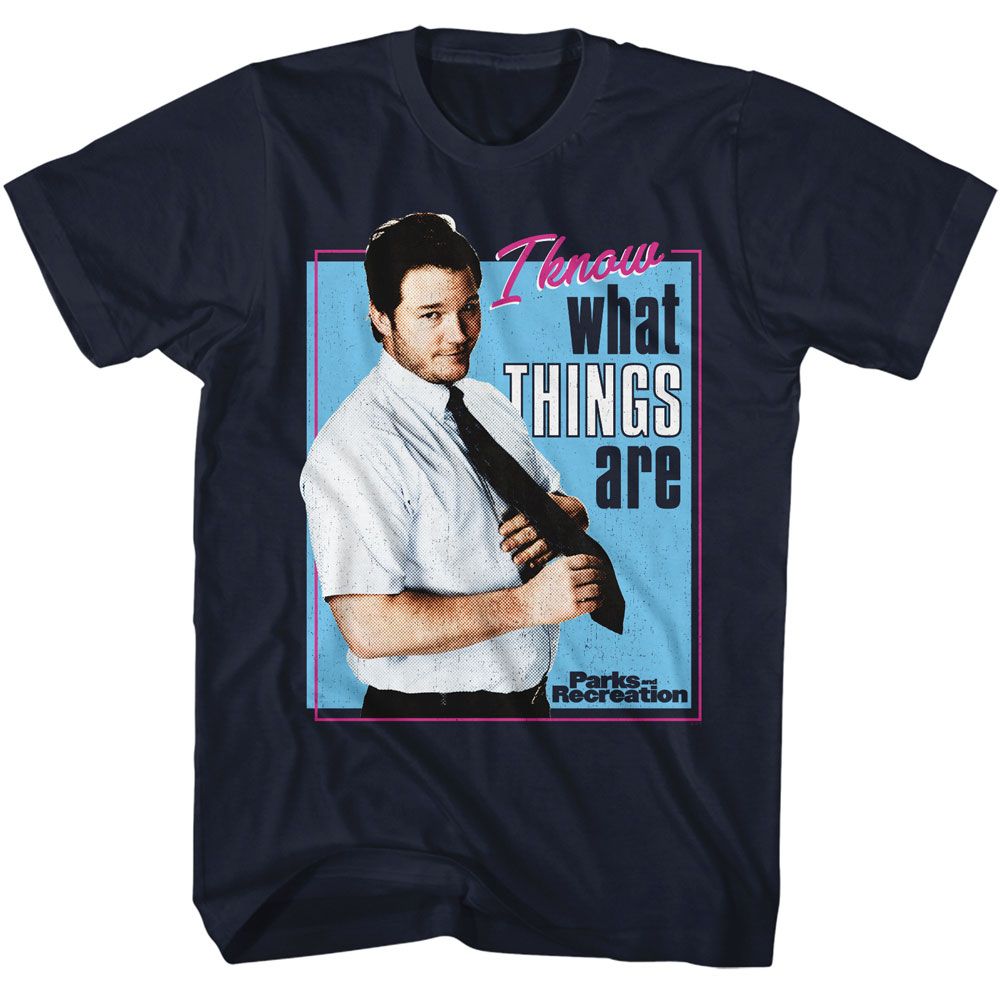 Navy Parks and Recreation t-shirt featuring an I Know What Things Are design