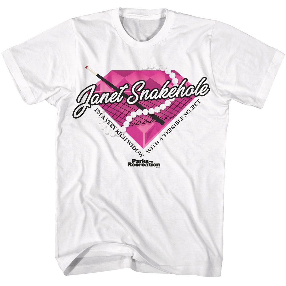 White Parks and Recreation t-shirt featuring a Janet Snakehole Diamond design
