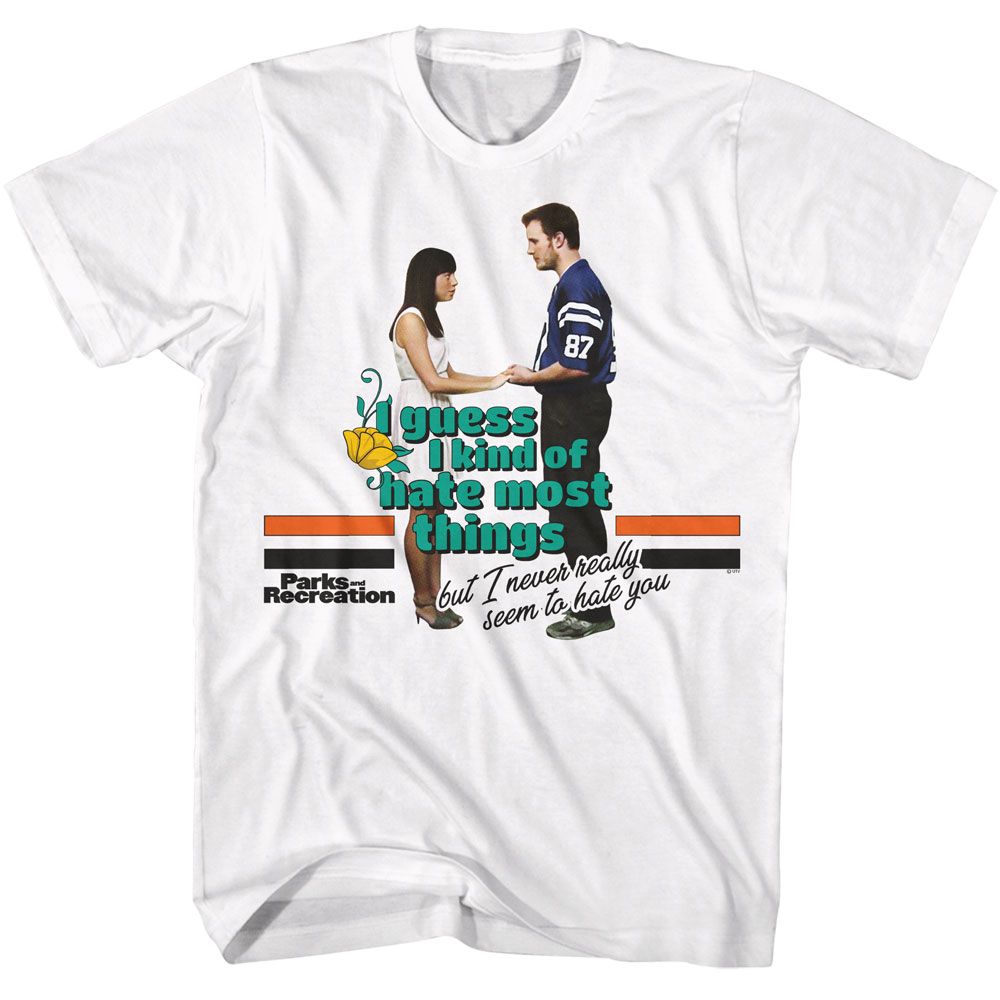 White Parks and Recreation t-shirt featuring an I Never Seem to Hate You design