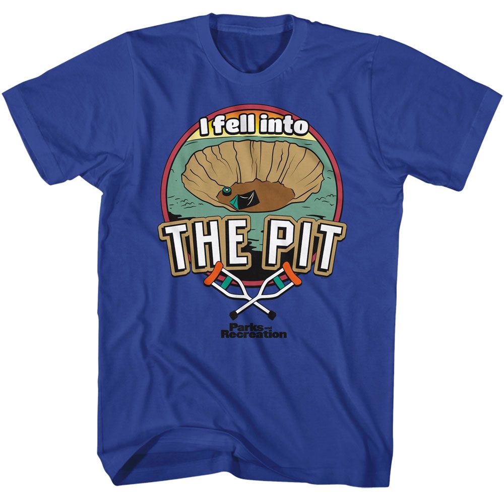 Royal Blue Parks and Recreation t-shirt featuring an I Fell Into the Pit design