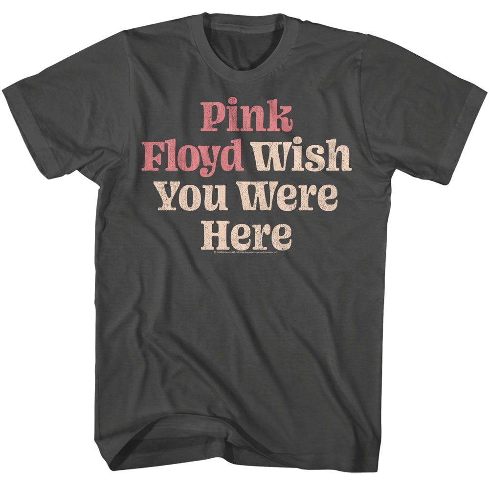 Smoke Gray Pink Floyd t-shirt featuring a Wish You Were Here Text design