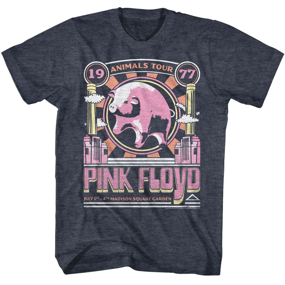 Navy Heather Pink Floyd t-shirt featuring an Animals Tour 1977 design