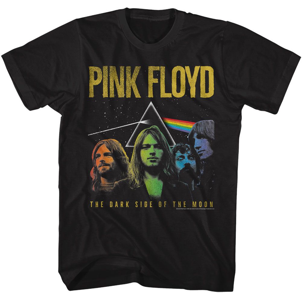 Black Pink Floyd t-shirt featuring a DSOTM Rainbow Band design