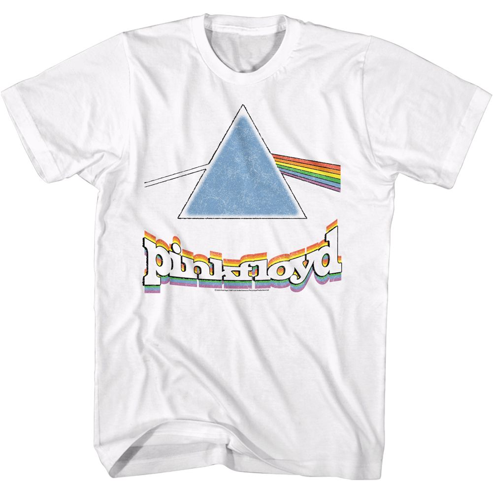 White Pink Floyd t-shirt featuring a Rainbow Prism with Logo design