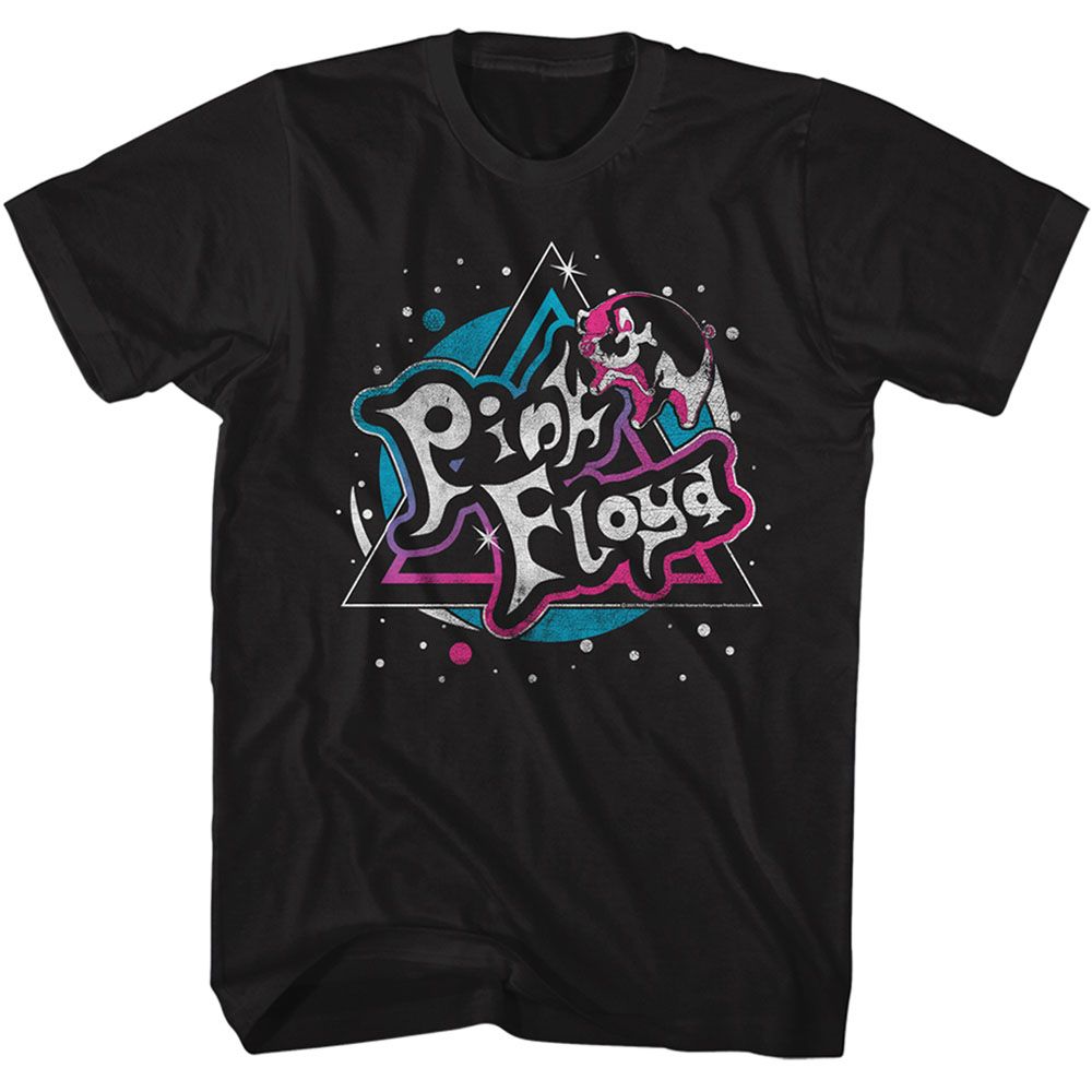 Black Pink Floyd t-shirt featuring a Flying Pig Blue Pink design