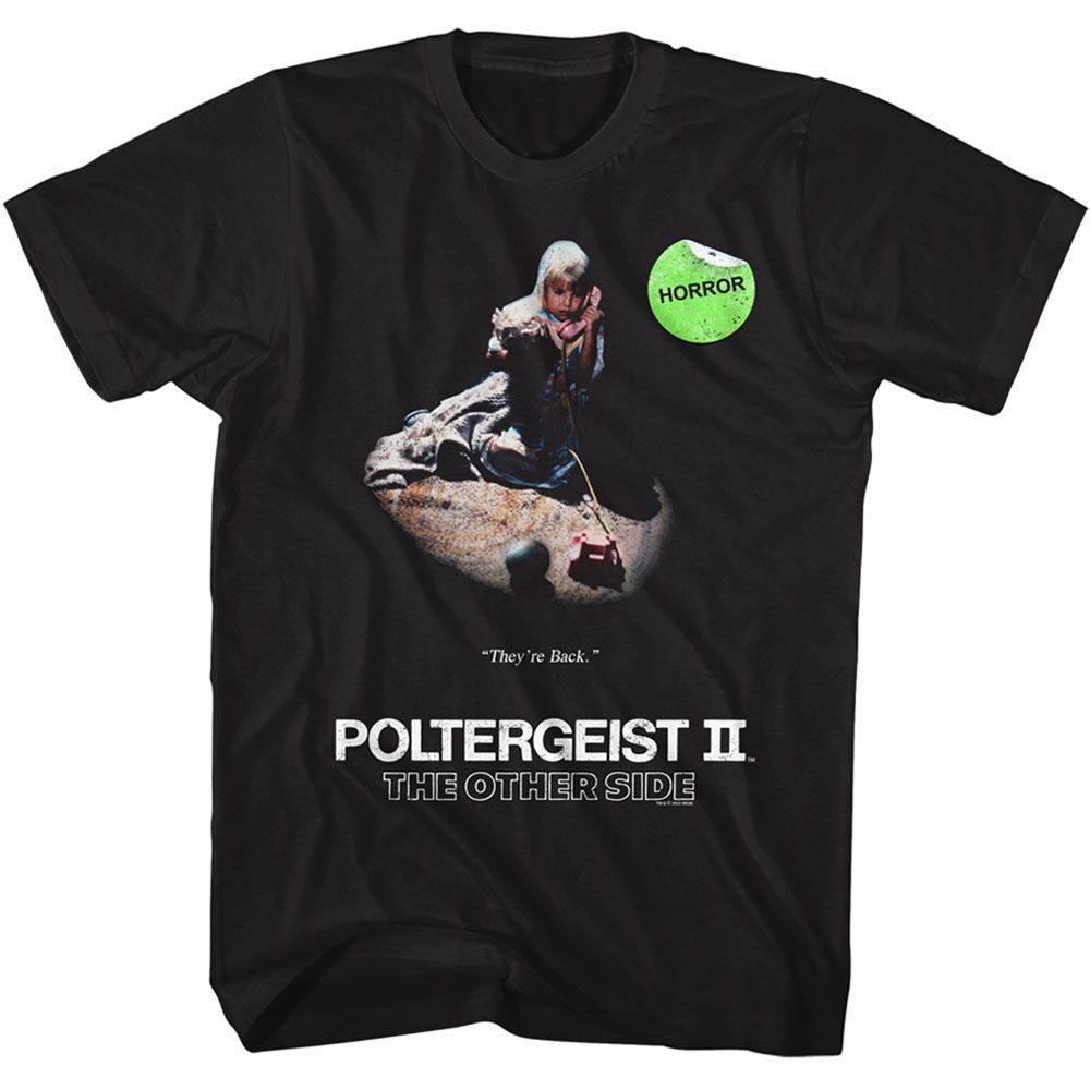 Black Poltergeist t-shirt featuring a Poltergeist video cassette cover design