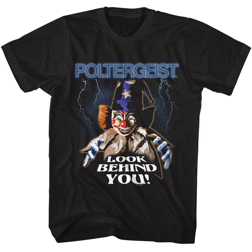 Black Poltergeist t-shirt featuring a Look Behind You design