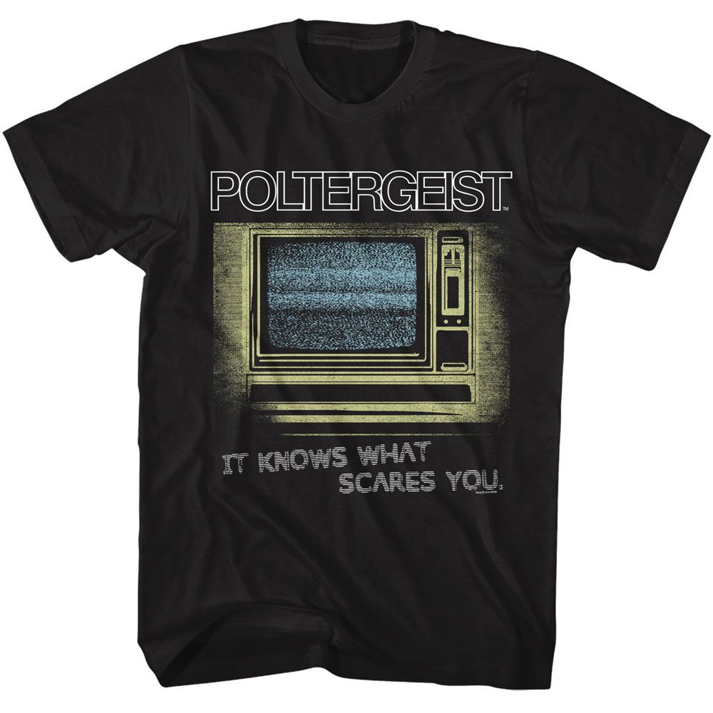 Black Poltergeist t-shirt featuring an It Knows What Scares You design