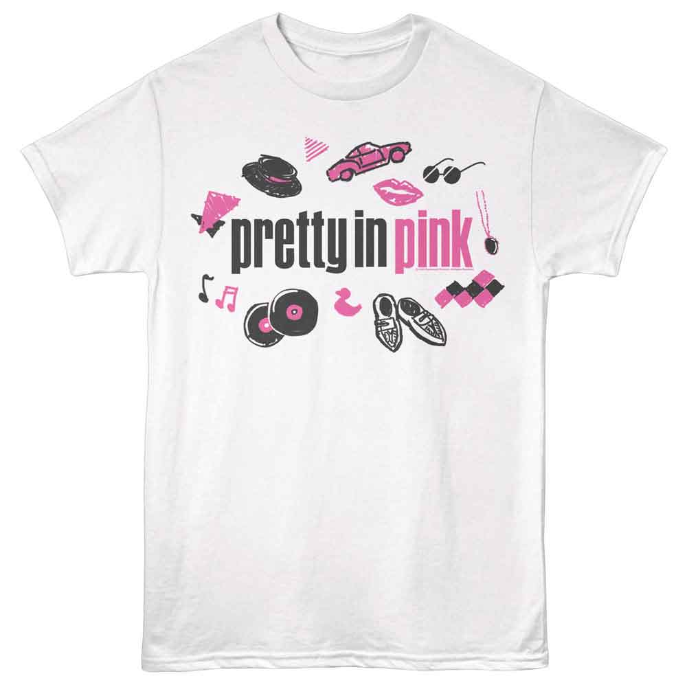 White Pretty in Pink t-shirt featuring a Pretty in Pink scribble design