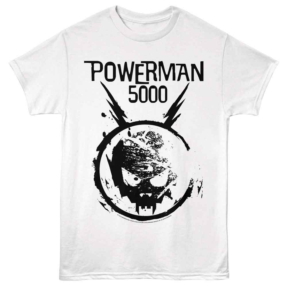 White Powerman 5000 t-shirt featuring a Space Skull Logo design
