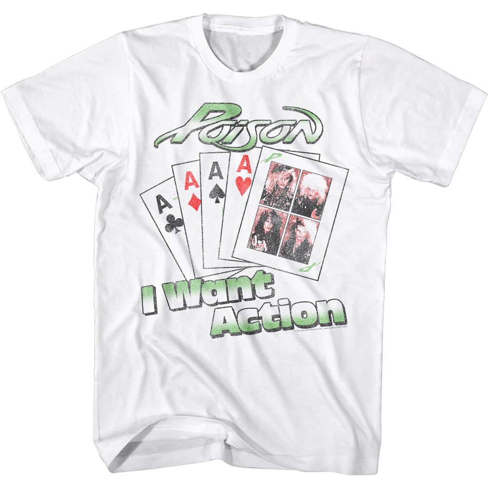 White Poison t-shirt featuring a Want Action Card design