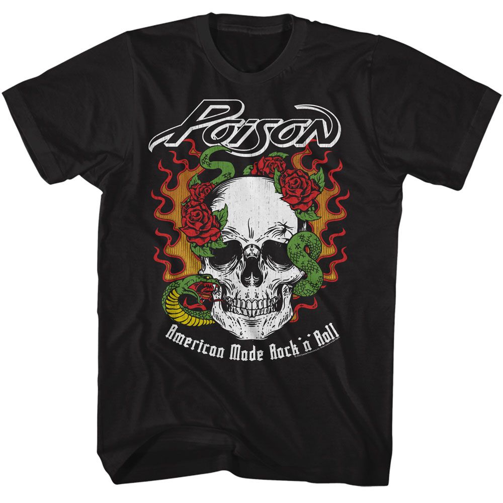 Black Poison t-shirt featuring a Flame Skull with Snake design