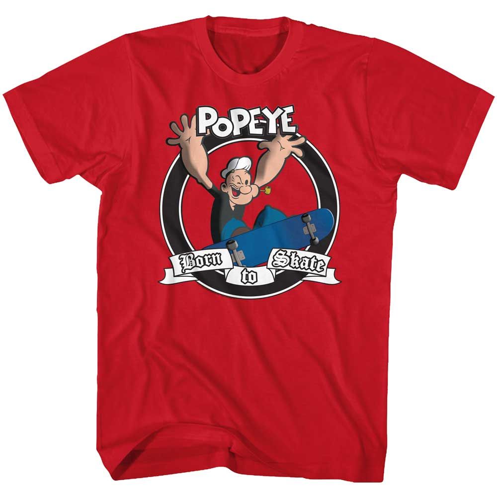 Red Popeye t-shirt featuring a Born to Skate design