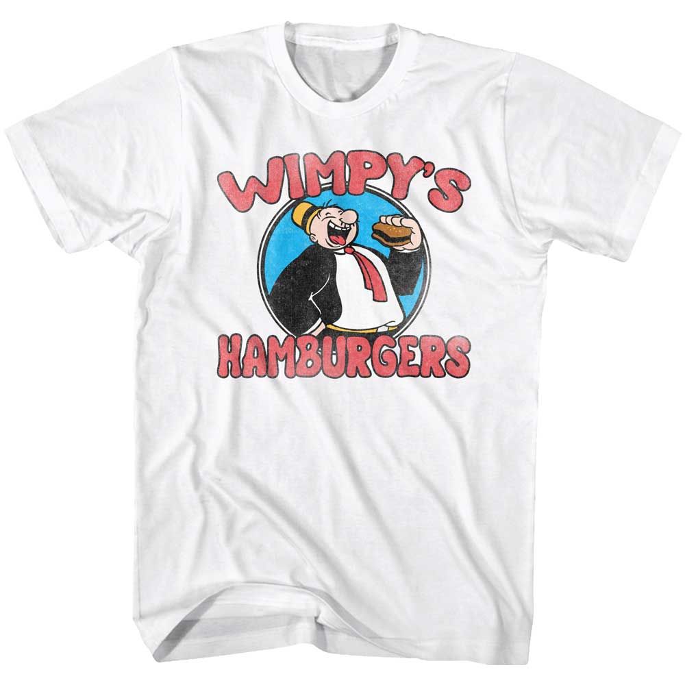 White Popeye t-shirt featuring a Wimpy's Burgers design
