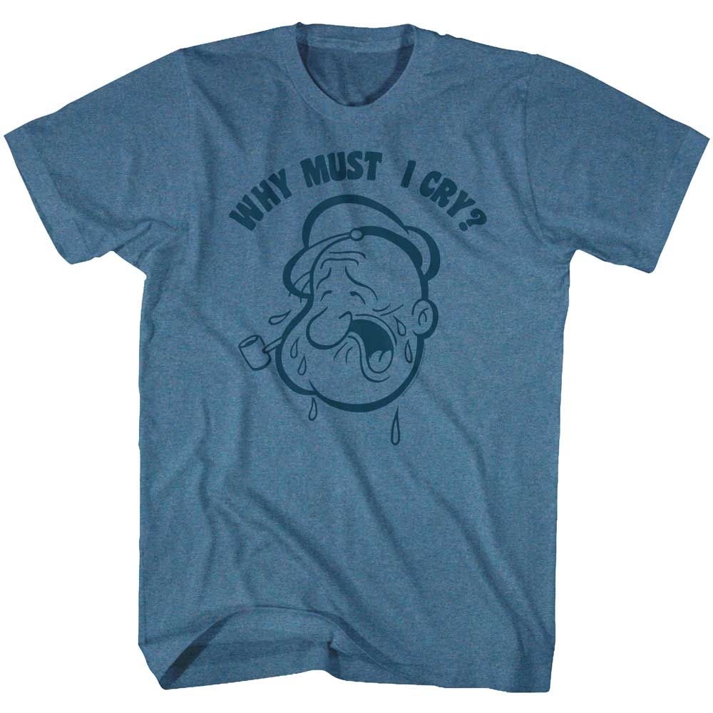 Indigo Heather Popeye t-shirt featuring a Why Must I Cry design