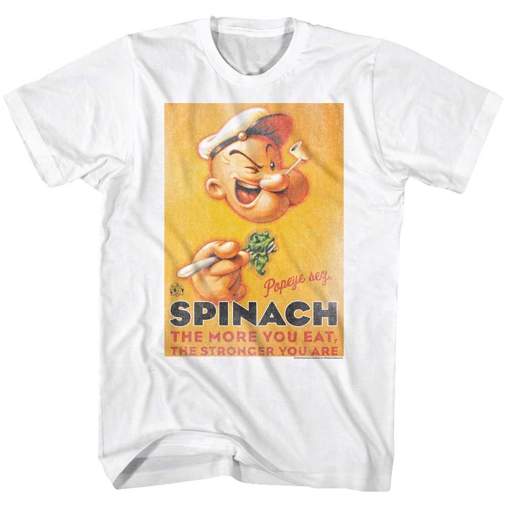 White Popeye t-shirt featuring a Spinach Style design