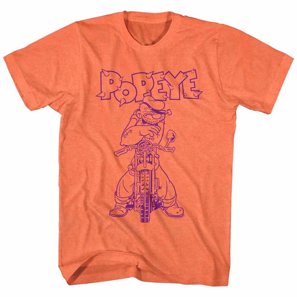 Bright orange heather Popeye t-shirt featuring a Motorcycle design