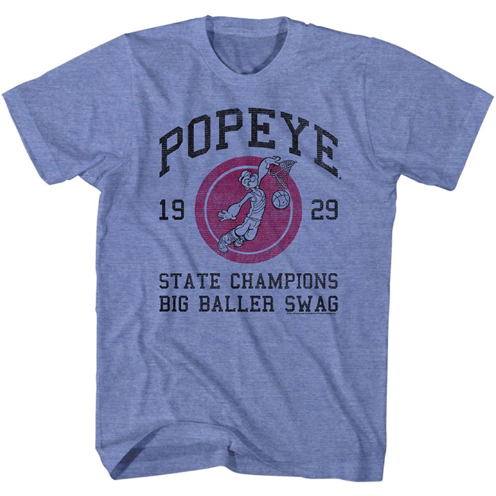 Light Blue Heather Popeye t-shirt featuring a Big Baller Swing design