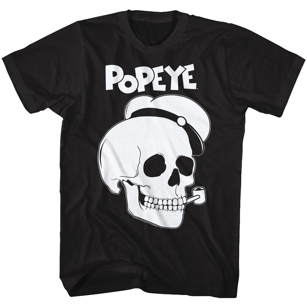 Black Popeye t-shirt featuring a Pop Skull design